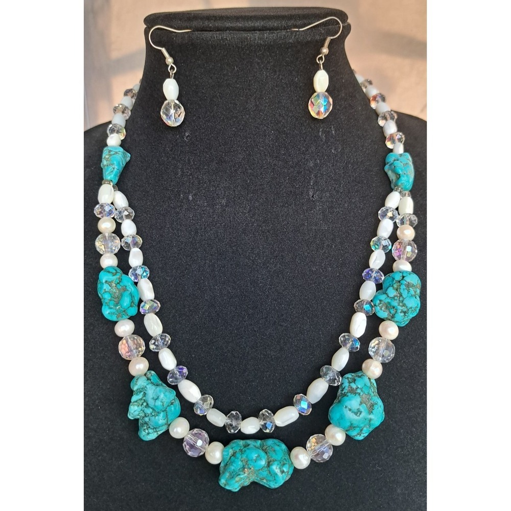Fashion Jewelry Set Necklace Earrings Gemstone Beaded Turquoise Howlite Pearl